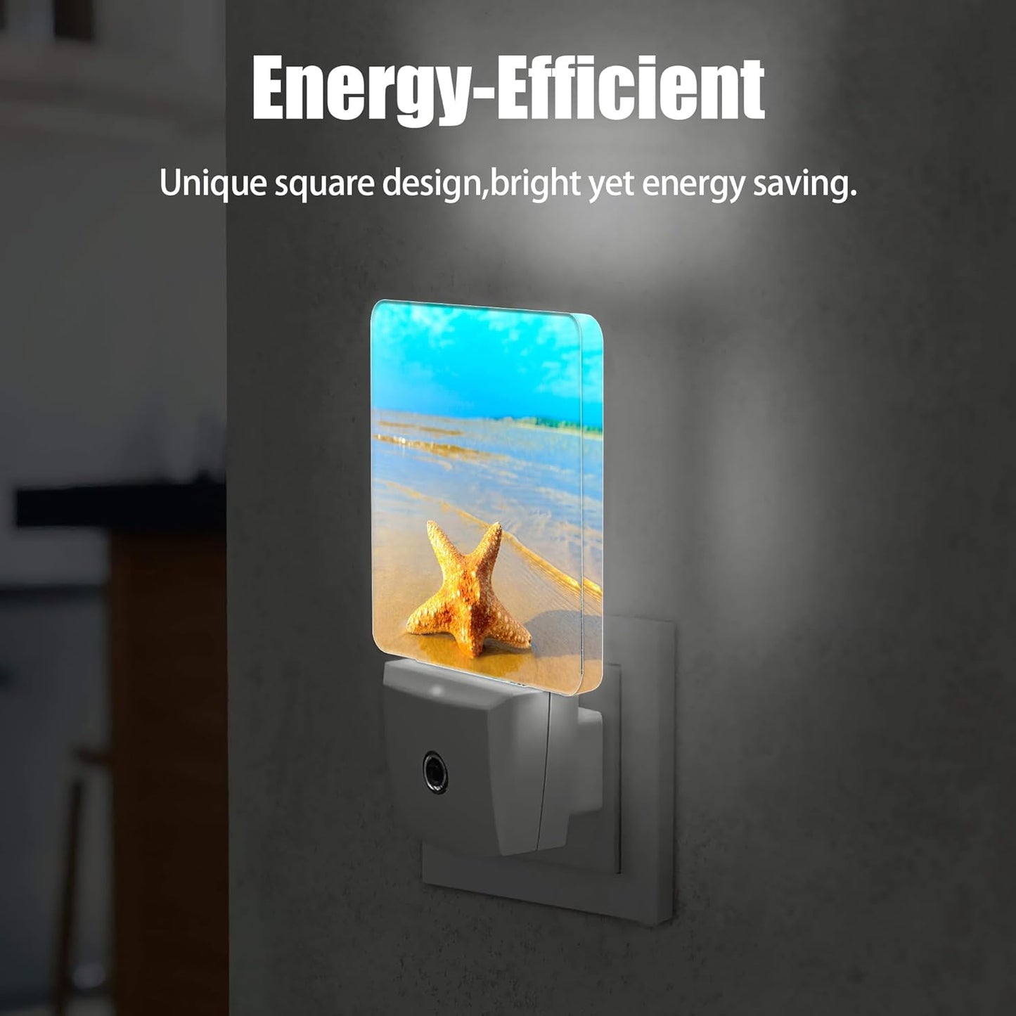 Yellow Starfish on Beach Night Light, Dusk to Dawn Smart Sensor Nightlight for Bedroom Bathroom Kitchen Hallway Stairs Hallway, Plug-in, Energy Efficient Decor Desk Lamp Gifts