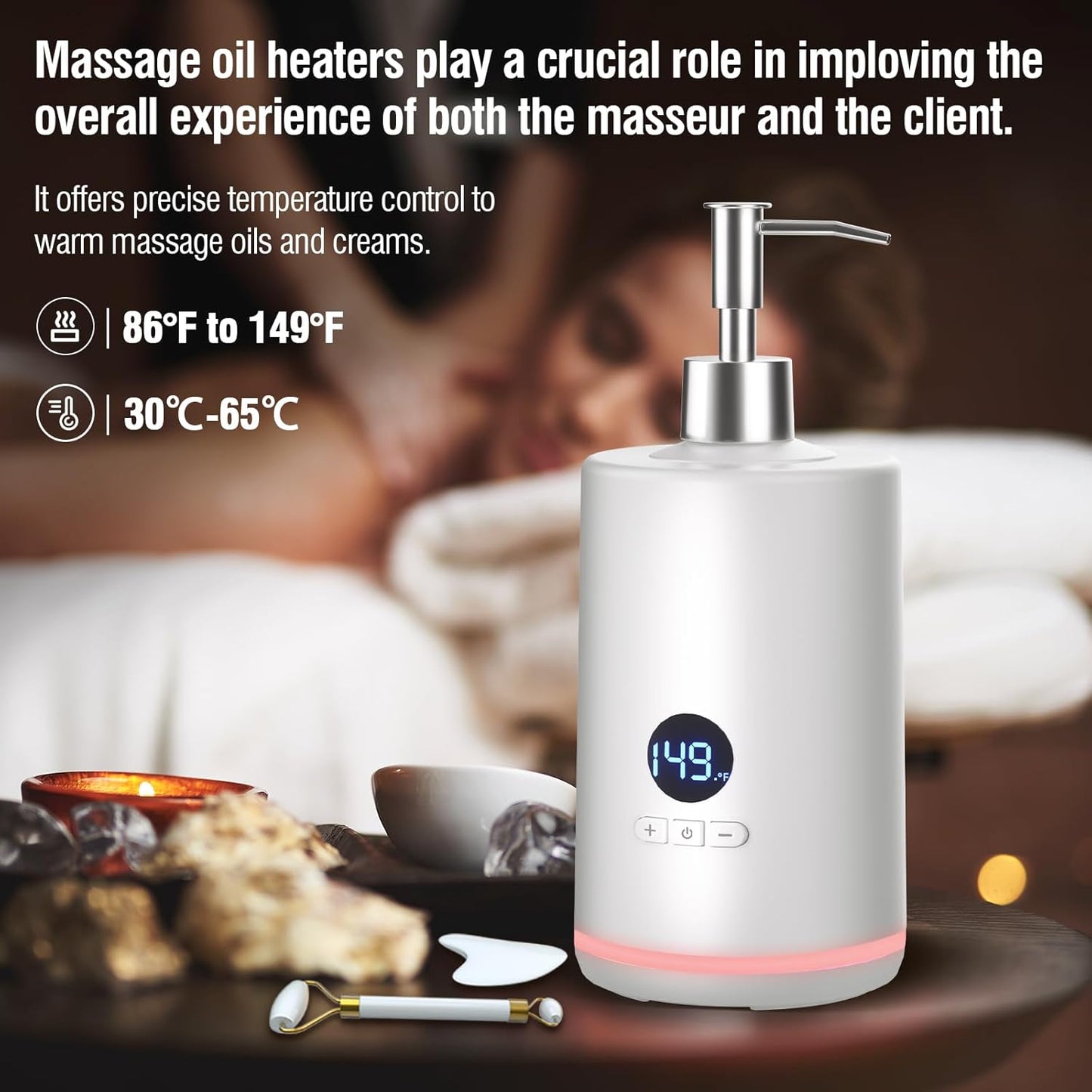 Massage Oil Lotion Warmer, Massage Oil Heater for SPA Massage Therapy and Personal Use, Portable Body Oil Warmer Dispenser with Two Massage Bottles, Adjustable Temperature(86-149°F), White