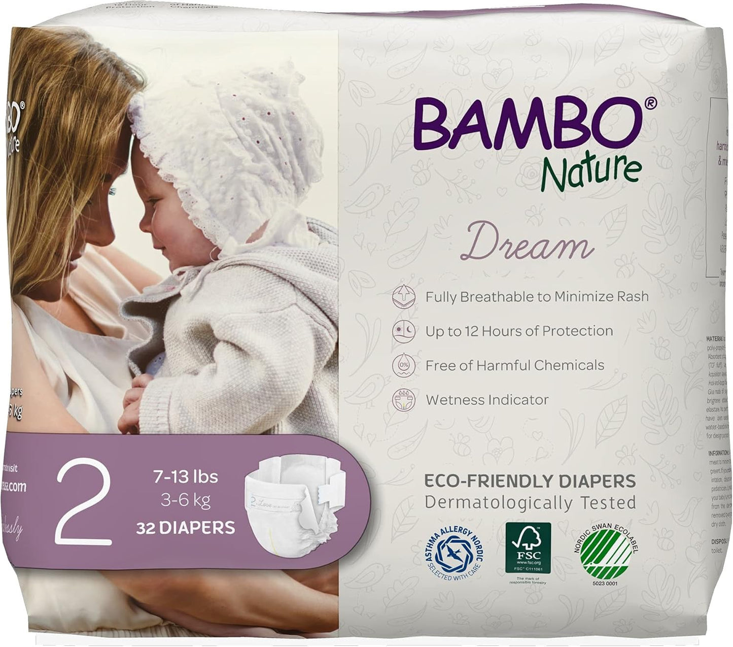 Bambo Nature Hypoallergenic Dream Baby Diapers, Premium Eco-Labeled Sustainable Diapers, Enhanced Leakage Protection, Totally Chlorine-free, Skin Friendly, and Super Absorbent - Size 2 (96 Count)