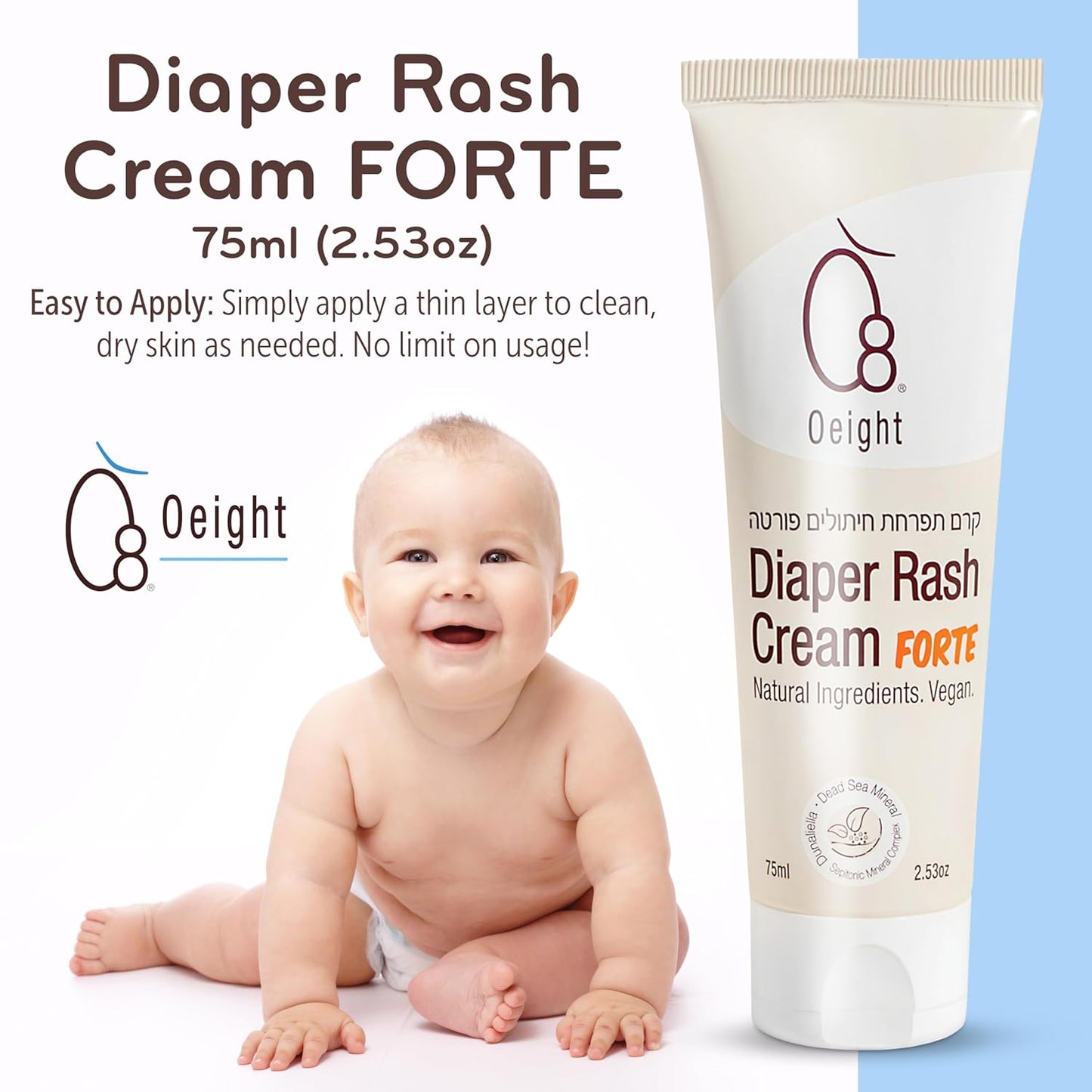 Oeight Diaper Rash Cream Forte, Dermatologically Tested & Hypoallergenic Formula for Baby Skin with 100% Natural Active Ingredients, No Parabens & Unscented - for Mild to Severe Diaper Rash, 75ml