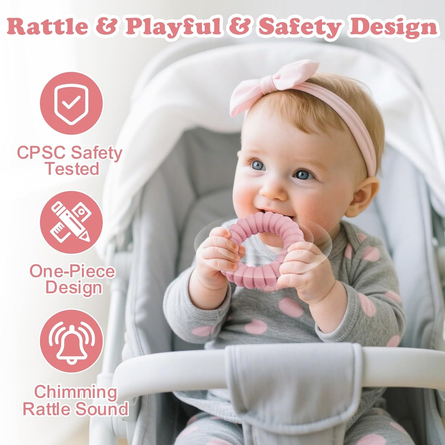 Baby Teether Toys, Silicone Teether Rings with Rattle for Babies, Textured Teething Rings Relief Soothing Sore Gums, 3 Pack