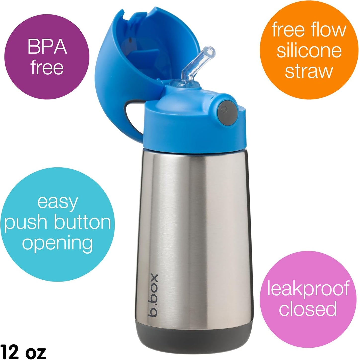 b.box 12 oz Insulated Water Bottle - Keeps Drinks Cold 8 Hours, Warm 6 Hours, Triple Wall Stainless Steel Kids Water Bottle w/Free Flow Silicone Straw, Leakproof & Dishwasher Safe