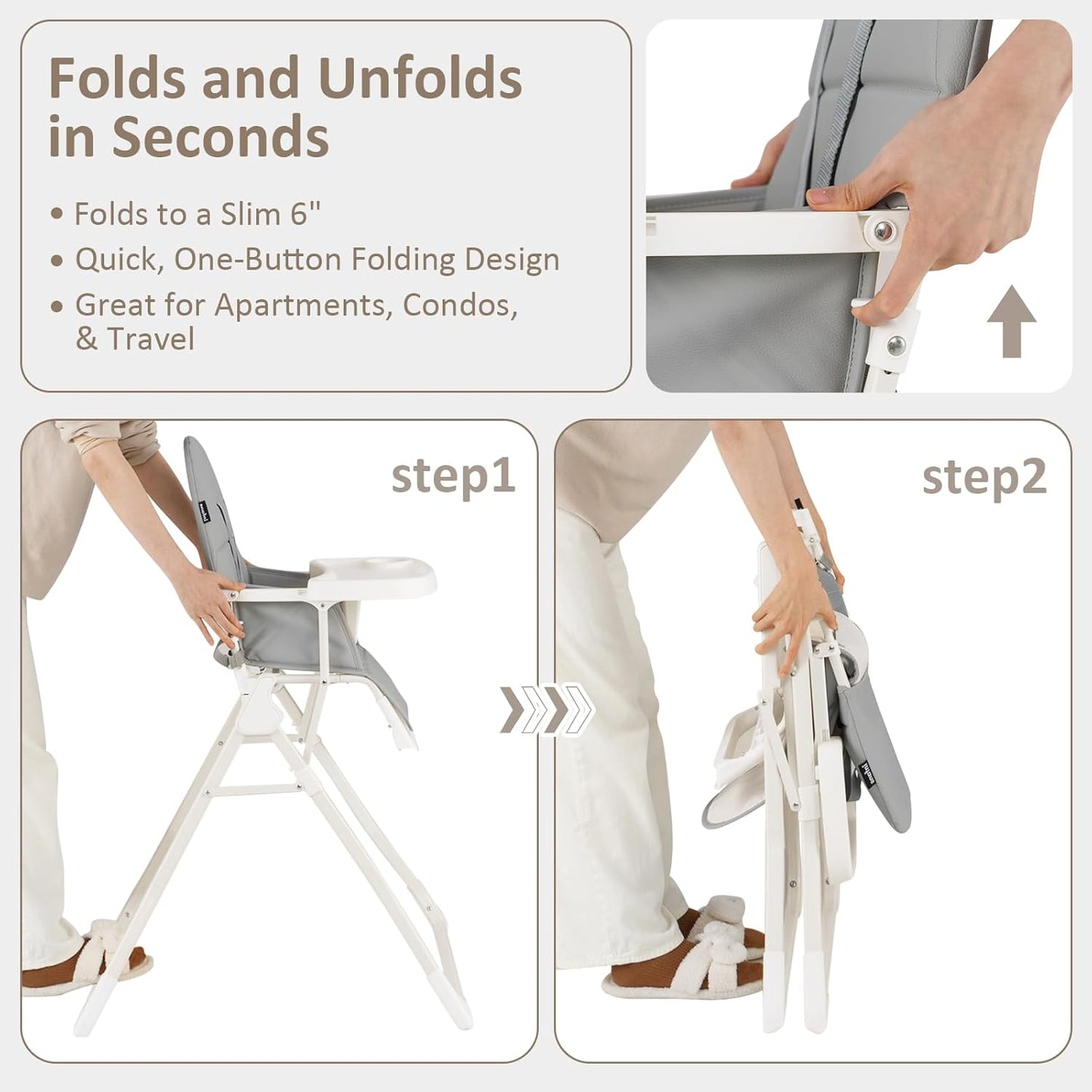 INFANS Baby High Chair, Quick Folding Portable Highchair for Babies and Toddlers with Adjustable Footrest Removable Dishwasher Tray PU Seat, Compact Highchairs for Baby Age 6-36 Months (Grey)