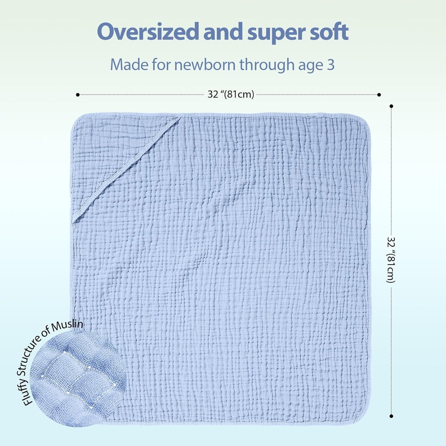Hooded Baby Towels for Newborn - 2 Pack, 100% Muslin Cotton, Baby Bath Towels with Hood, Soft and Absorbent for Boys, Girls Infant, Toddler and Kids, Large 32x32 Inches, Newborn Essential