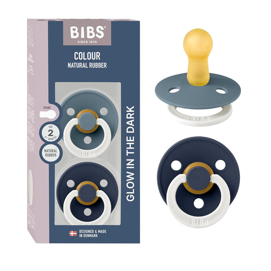 BIBS Colour Night Glow in The Dark Soother 2-Pack, BPA Free Dummy Pacifier, Round Nipple. Natural Rubber Latex, Made in Denmark, Size 2 (6-18 Months), Petrol Glow/Deep Space Glow