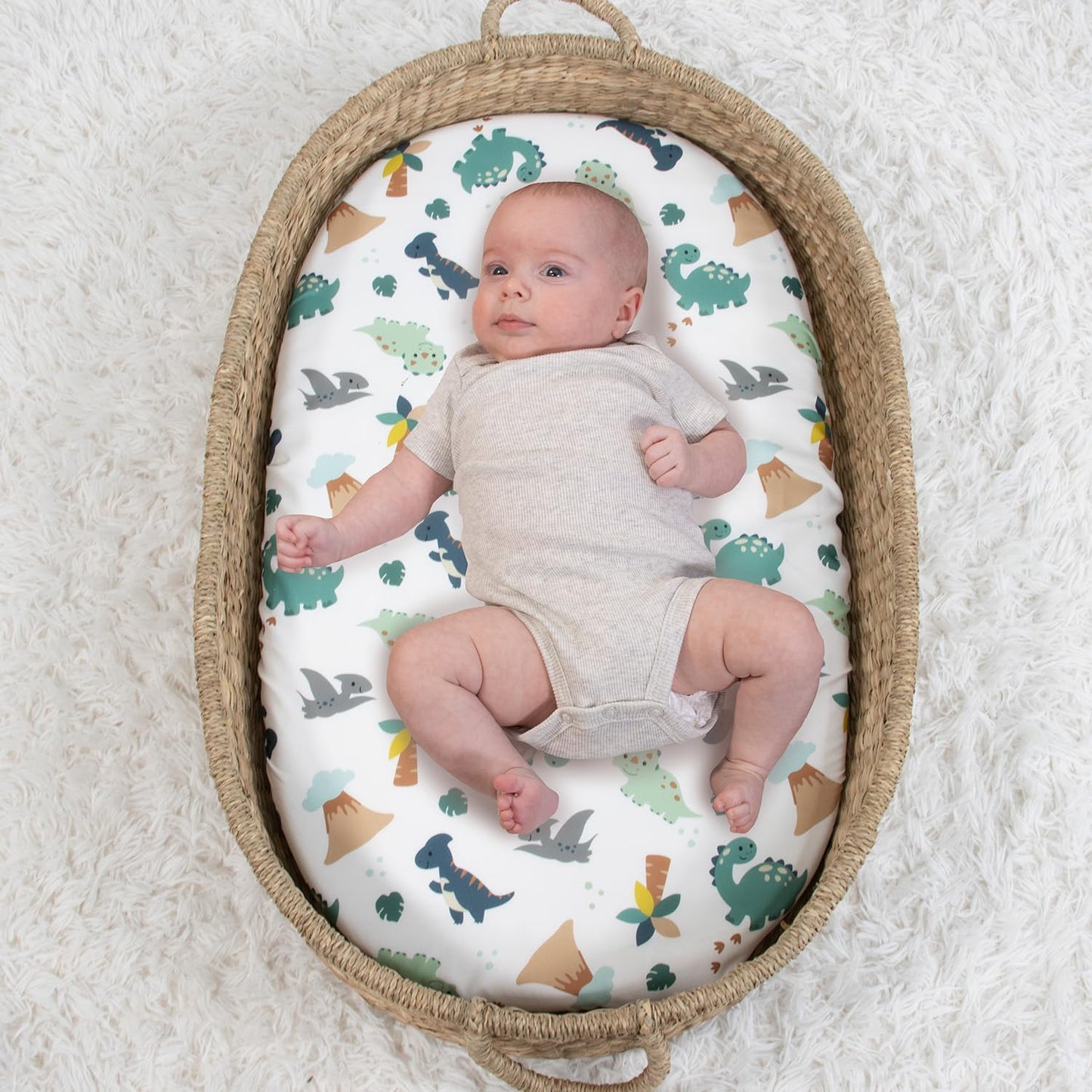 The Peanutshell Baby Bassinet Sheets 4-Pack for Boy - Soft, Oval & Fitted Baby Boys Sheet, Rectangle, Fitted Covers for Crib, Halo Bassinet Mattress - Green Dino