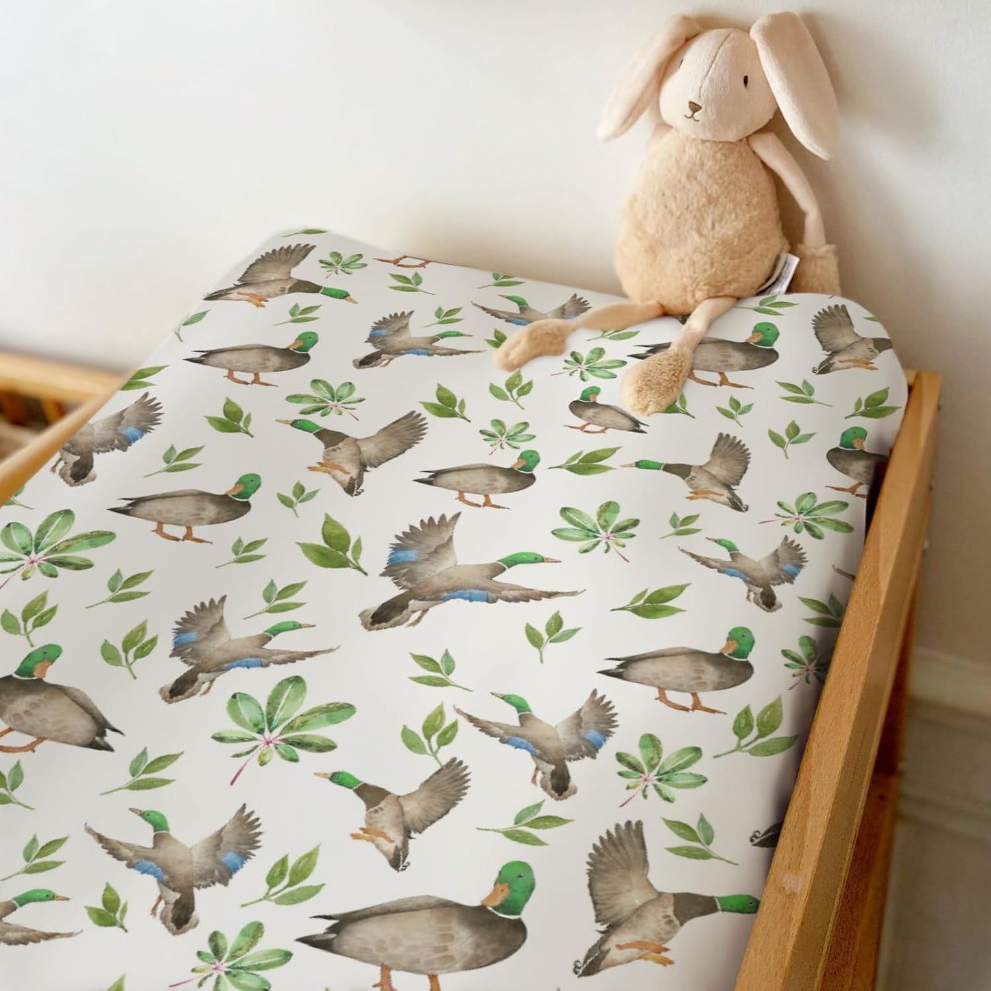Wild Ducks Green Leaves Changing Pad Covers for Baby Girl Boy Green Mallard Ducks Fitted Change Table Cover Mats Duck Hunting Animals Soft Diaper Changing Table Sheets 32''×16''