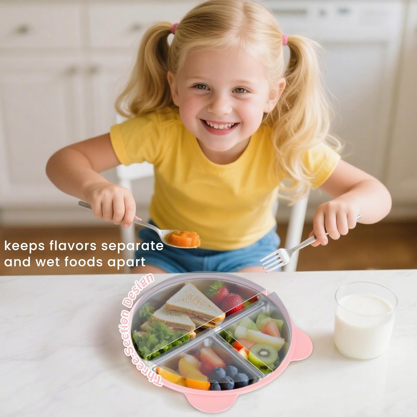 Stainless Steel Kids Plate with Suction Set of 2, 9″ Toddler Divided Plates with Removable Non Slip Silicone Sleeves, Unbreakable Baby Snack Dishes, BPA Free, Beige & Light Pink