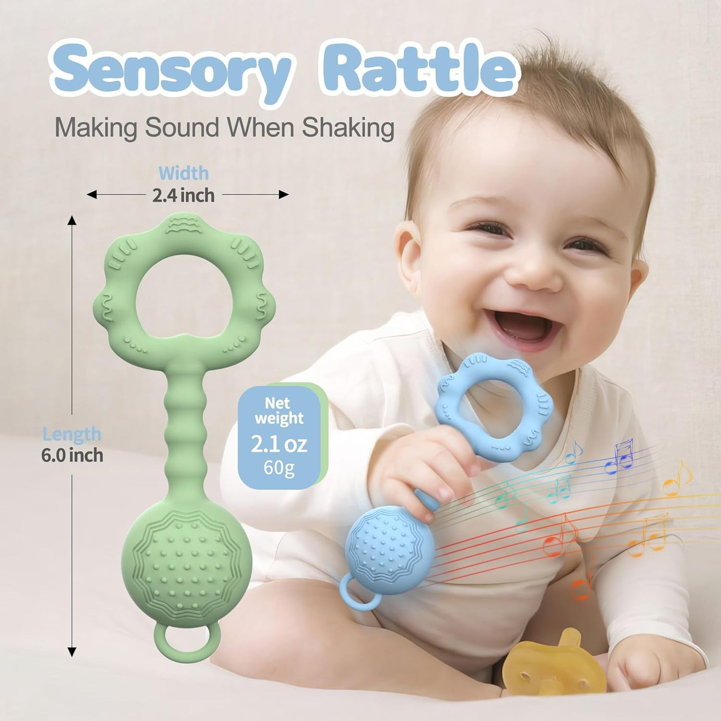 2 Pcs Baby Rattle Teether, 2-in-1 Rattle and Teether Toy for Soothing Sore Gums and Keeps Little Ones Entertained, Food Grade Silicone (Blue+Green)