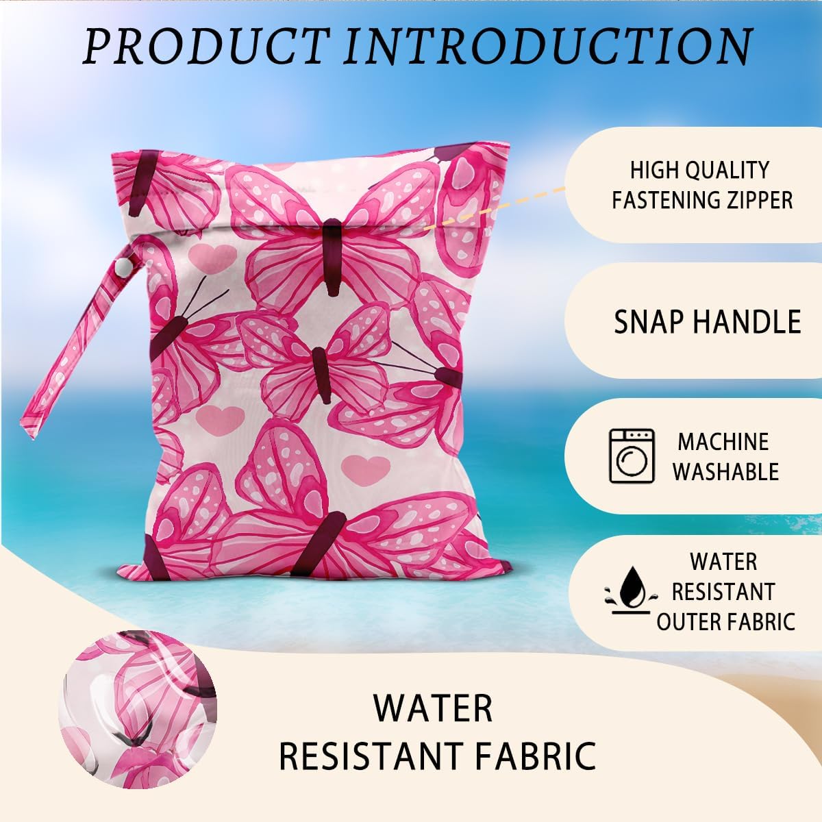 Butterfly Wet Bags 12x10 Inch, Pink Heart Waterproof Wet Dry Bags, Reusable Washable Travel Laundry Bag for Swimsuit Beach Diapers Dirty Yoga Gym Clothes, Butterfly Gifts for Women Friend Travelers