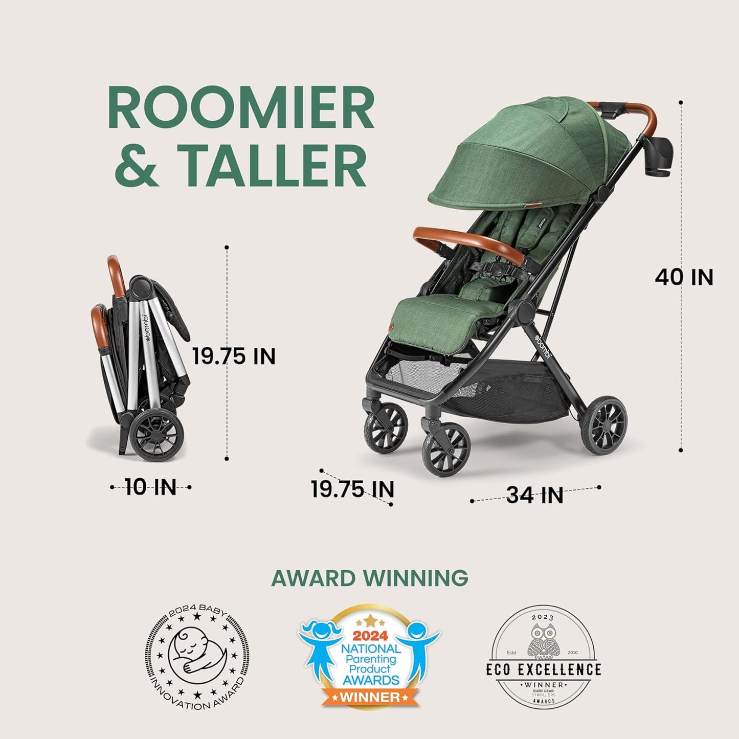 Bombi Bēbee V2 Lightweight Baby Stroller - Premium Vegan Leather, One-Hand Fold, Infinite Recline, Aircraft-Grade Aluminum Frame, XXL Canopy, and Ample Storage Umbrella Stroller - Hunter Green