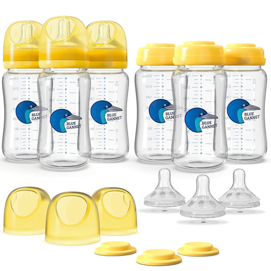 Multipurpose Anti-Colic Glass Baby Bottles with Slow Flow and Natural Flow Nipples, Breast Milk Collection and Storage Bottles, Wide-Neck Breast Pumps Compatible, 6-Pack (8oz)