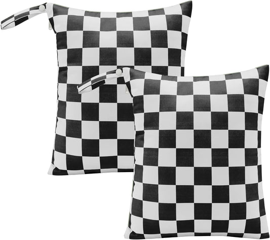 Black Checkered Waterproof Wet Dy Diaper Bag for Baby Essentials, Travel, Swimsuit, Beach Bag Accessories, Aesthetic Trendy Cute Toddler Baby Cloth Bag Pouch, Pack of 2
