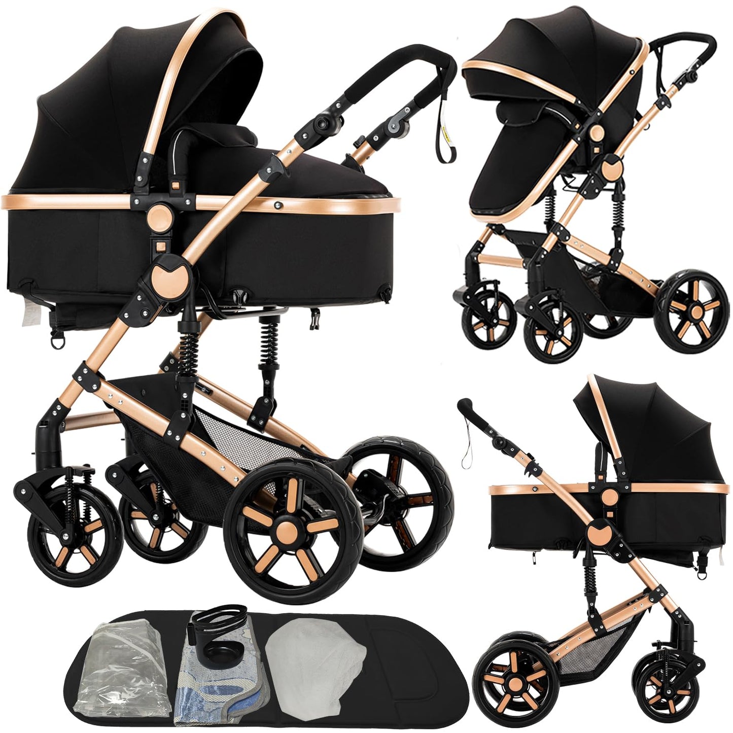2 in 1 Baby Stroller, Convertible Pram, Reversible Standard Baby Stroller, Portable Baby Buggy, Infant Carriage, Foldable High Landscape Pushchair for Toddler Newborn (2US588-BG)