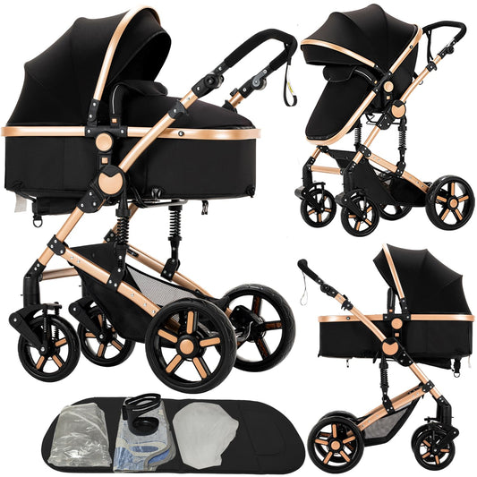 2 in 1 Baby Stroller, Convertible Pram, Reversible Standard Baby Stroller, Portable Baby Buggy, Infant Carriage, Foldable High Landscape Pushchair for Toddler Newborn (2US588-BG)