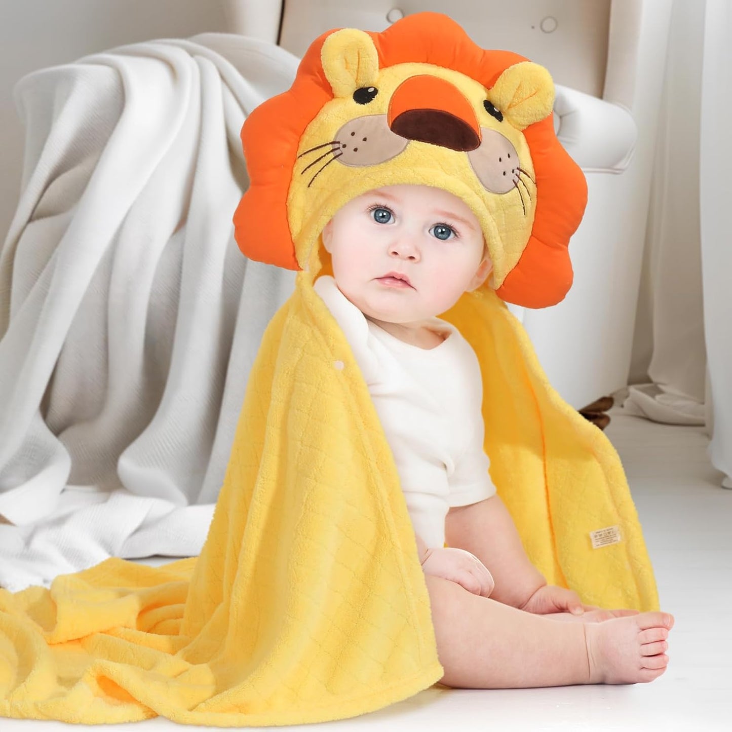 Toddler Bath Towel with Animal Hood for 0-5 Years,2 Pack Coral Fleece Bath Towels with Large Size 50 in*32 in,Ultra Absorbent Thick Soft for for Baby Kids Chirdern, Blue Elephant & Yellow Lion