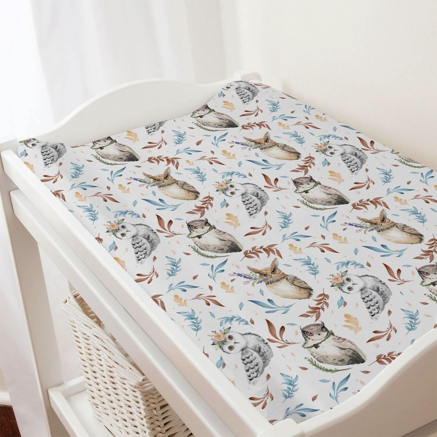 Watercolor Owl Flowers Leaves Changing Pad Cover Diaper Cute Owl Birds Floral Changing Table Cover Sheets for Boys Girls Soft Breathable Stretchy Diaper Changing Pad Mat Cover Sheets 32''x16''