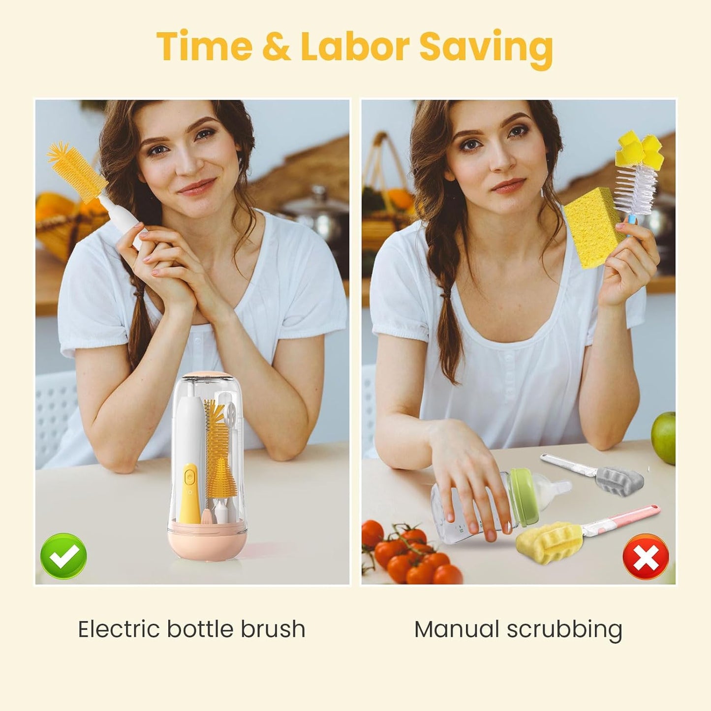 Electric Bottle Brush Cleaner, Baby Bottle Cleaning Set with Nipple Straw Brushes Drying Rack Soap Dispenser Rechargable Waterproof Multi-use E-Brush Kit for Travel & Home, Yellow