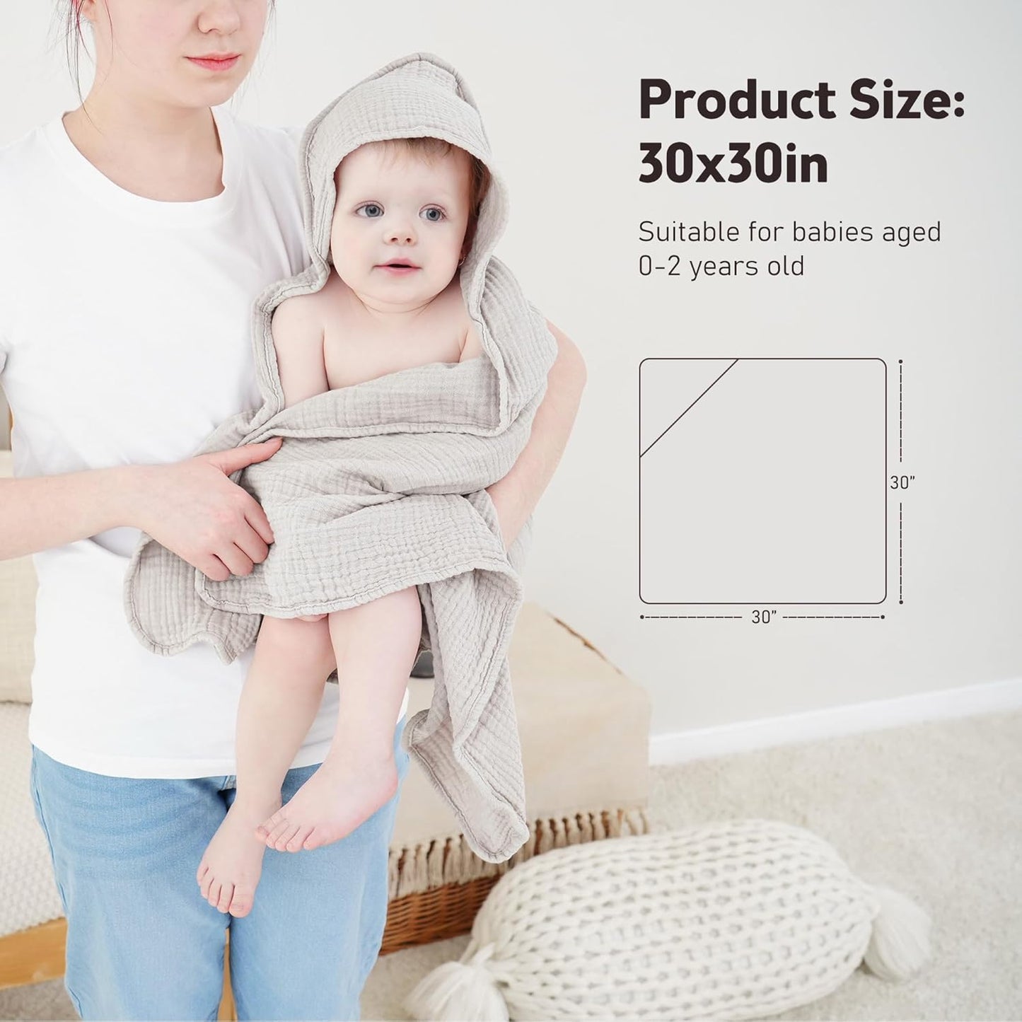 Susurration Hooded Baby Towels for Newborn 2 Pack 100% Muslin Cotton Towel for Babies，Highly Absorbent and Newborn Essential 30x30 Inch (Brown)