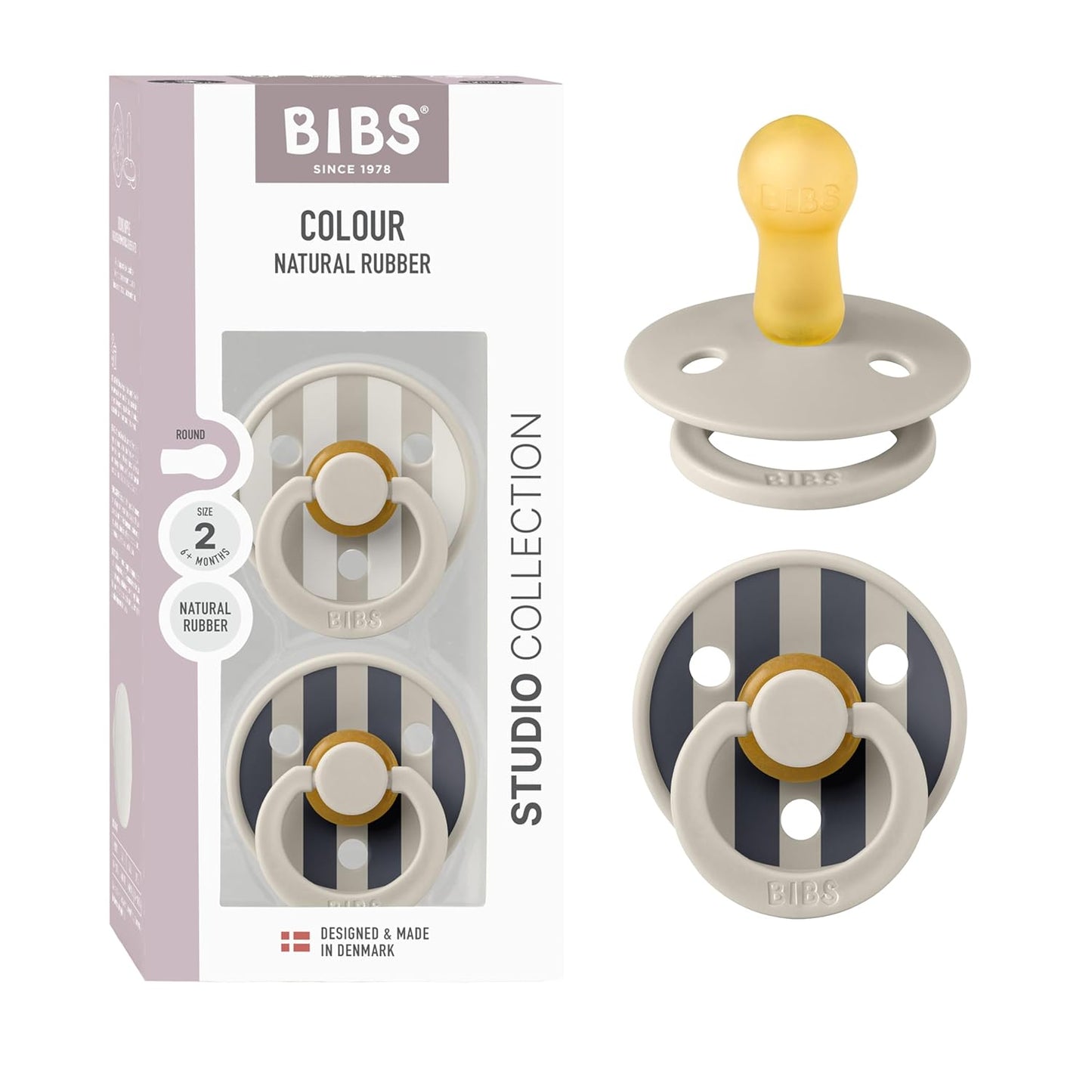 BIBS Pacifiers - Studio 2 Pack | Round Nipple Baby Pacifier | BPA Free Natural Rubber Latex Soother | Made in Denmark | Size 6+ Months | Block Sand