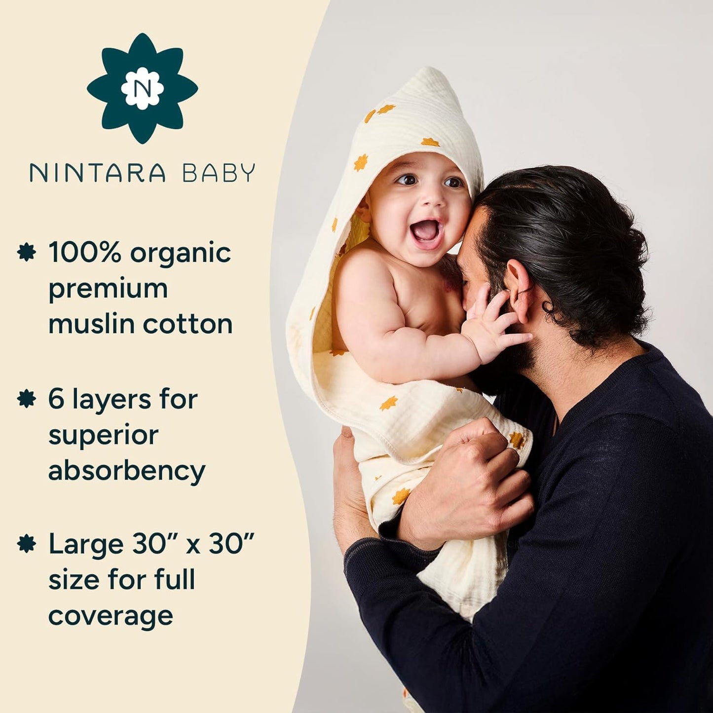 Hooded Towel - 100% Organic Premium Muslin Cotton, 30" x 30", Ultra-Absorbent, Soft, Breathable, Hypoallergenic, Multipurpose, Gifts for Babies & Infants