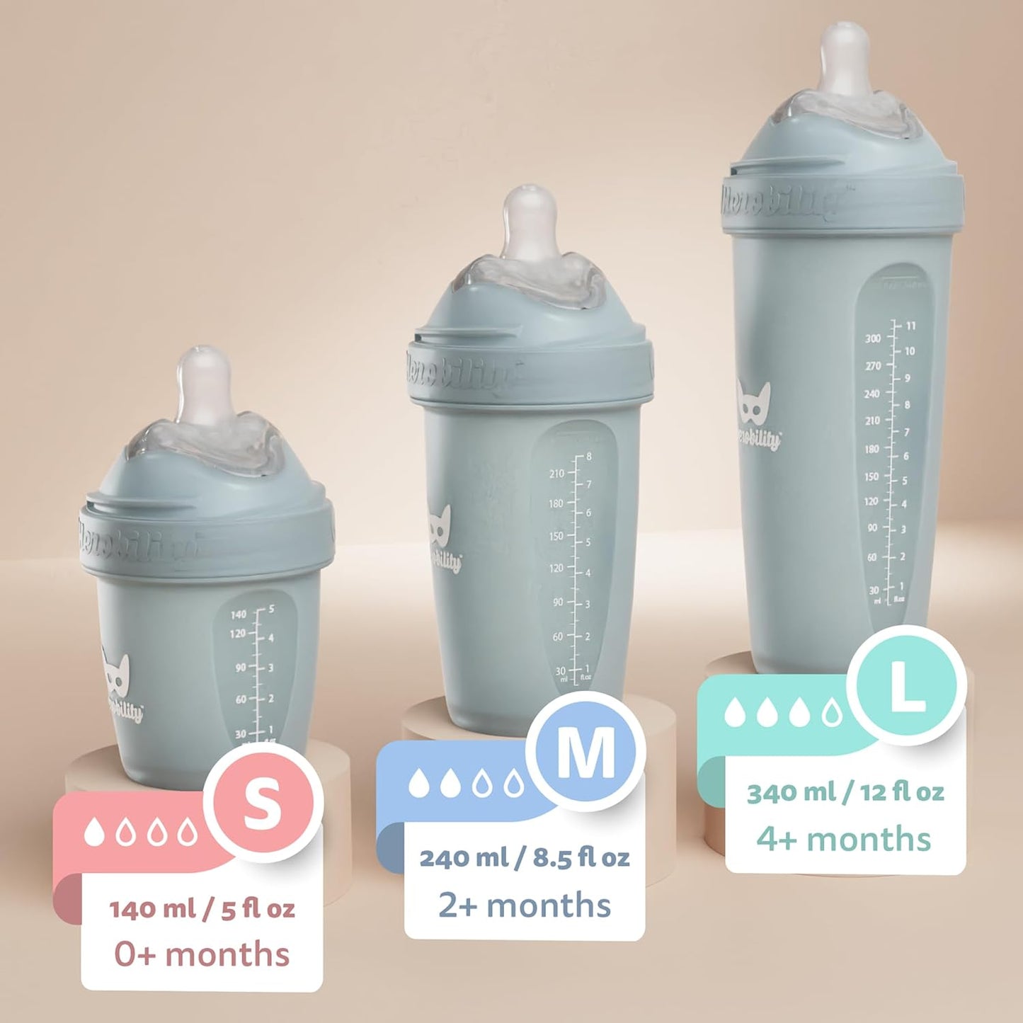 Herobility Double Anti-Colic Baby Bottles – 8.5 fl oz/240ml – 4-Pack – Multicolor – White, Gray, Pink, Hawthorn Rose