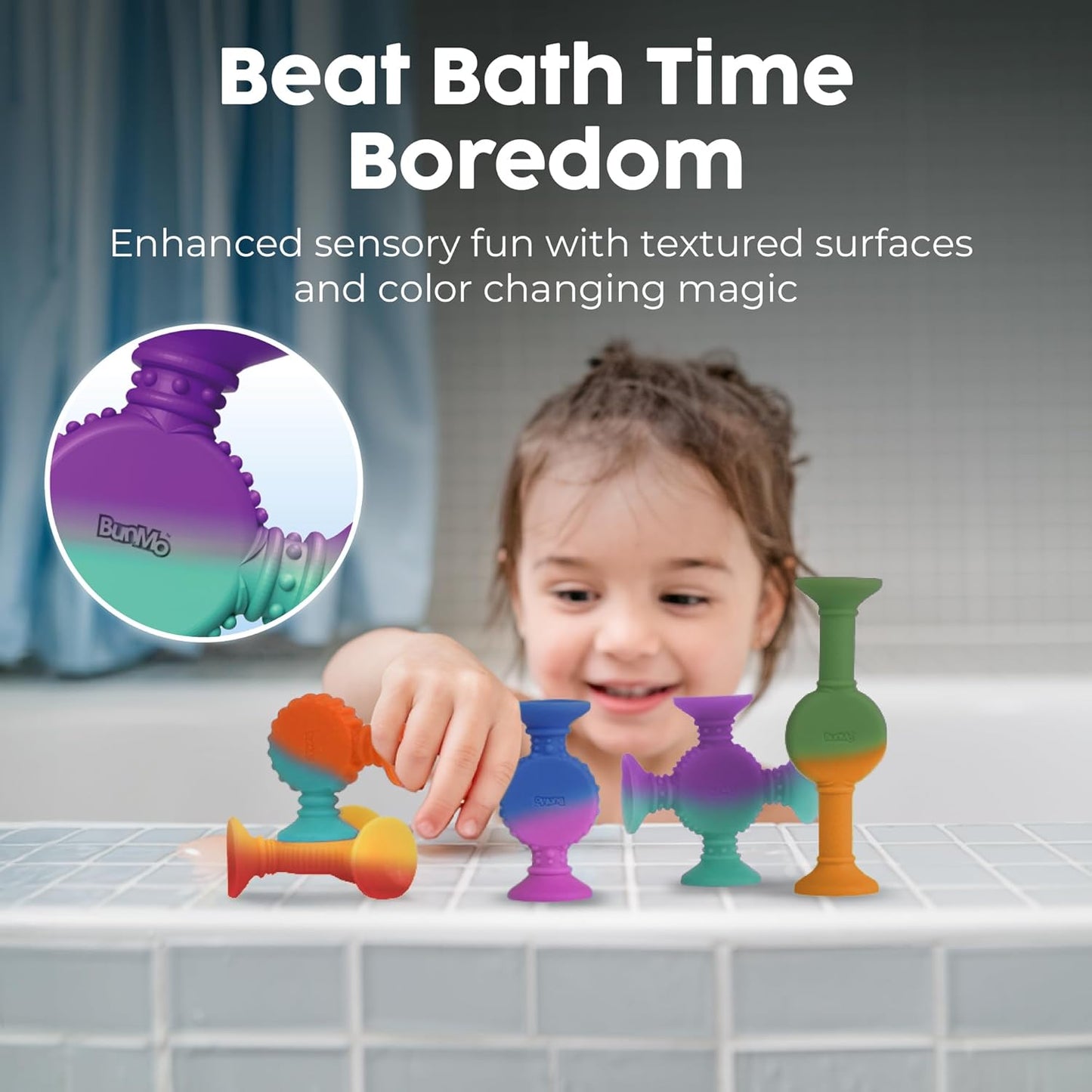BUNMO Stocking Stuffers for Kids - Toddler Suction Bath Toys - Connect, Build, Create - Toddler Stocking Stuffers - Fine Motor Skills - Stimulating Sensory Fun - Color Changing 10pk