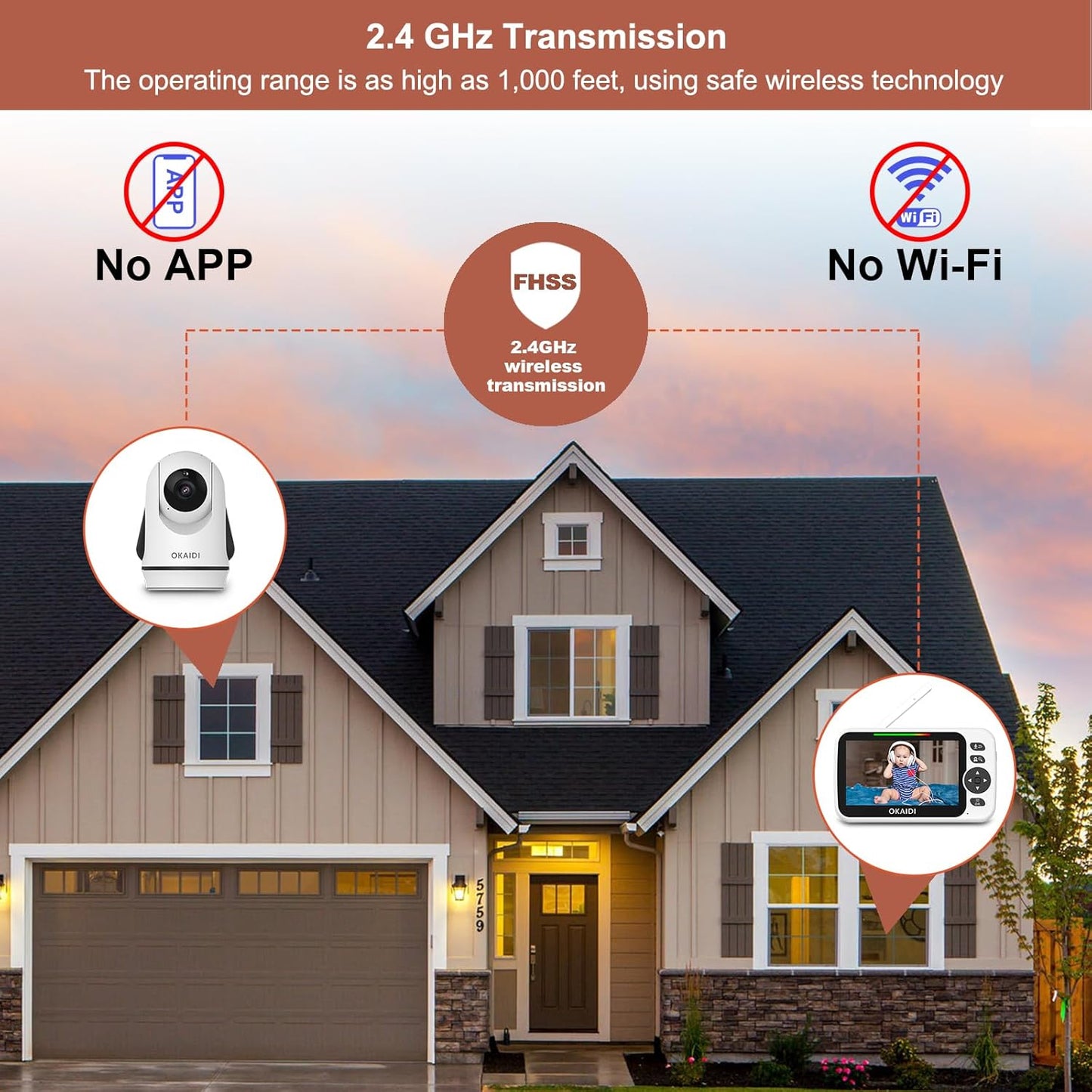 OKAIDI Video Baby Monitor with Camera and Audio, 5" Display Baby Monitor No WiFi, 30H Battery and 1000ft Range, Remote Pan-Tilt-Zoom Baby Camera, Night Vision, 2-Way Talk, ECO, Temperature, Lullaby