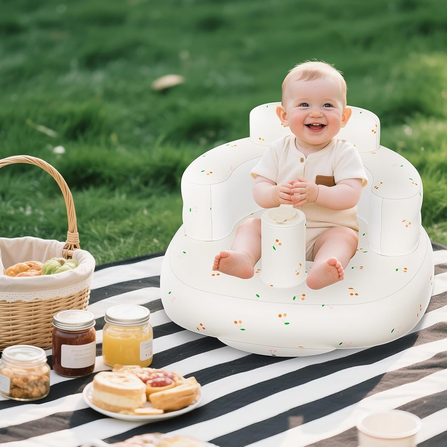 Blow Up Seat for Baby, Inflatable Baby Chair 3 Months & Up, Chair for Babies Sitting Up with Built in Pump (Cherry)