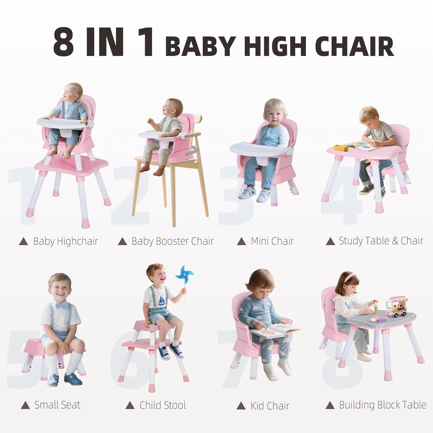8 in 1 Baby Highchair, Convertible High Chair for Babies and Toddlers, Booster Seat w/5-Point Safety Belt, Toddler Building Block Table, Dishwasher Safe Tray, No Tool Install, Pink