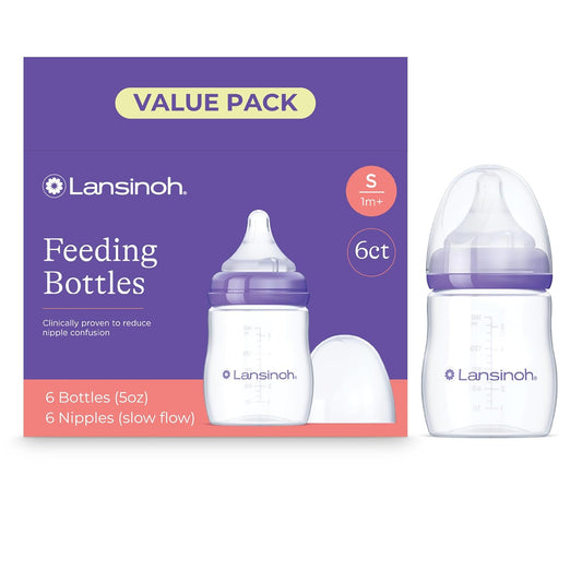 Lansinoh Anti-Colic Baby Bottles for Breastfeeding Babies, 5 Ounces, 3 Count, Includes 3 Slow Flow Nipples, Size S (Pack of 2)