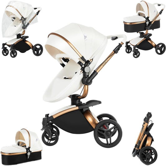 PU Leather 2 in 1 Baby Stroller with 360° Rotatable Seat, Convertible Pram, Reversible Standard Stroller, Portable Infant Carriage, Foldable High Landscape Pushchair Toddler Newborn (HR001-White)