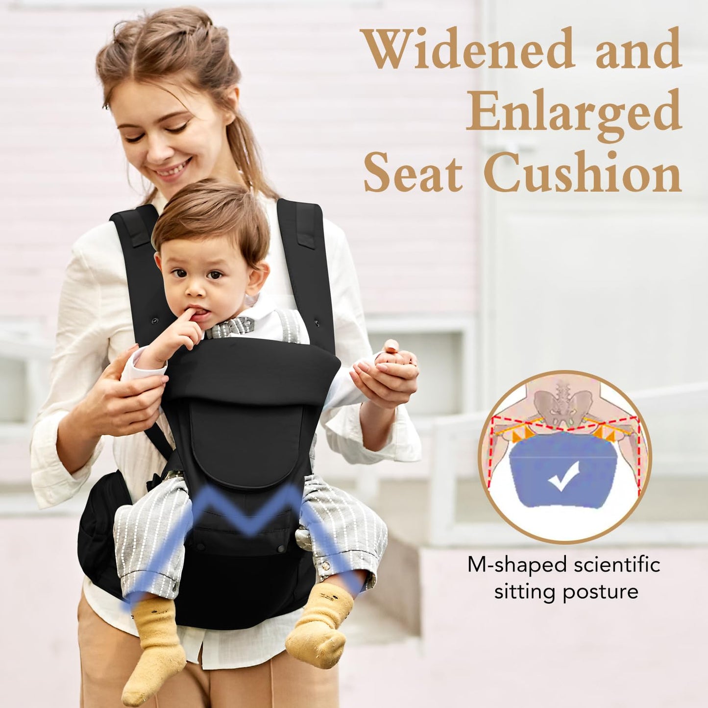 Baby Carrier Newborn to Toddler,Baby Carrier with Hip Seat,Ergonomic, Safety-Certified Baby Hip Carrier with Foldable Neck Support Pod,12 in 1 Baby Holder Carrier with Adjustable Waist Belt-Black