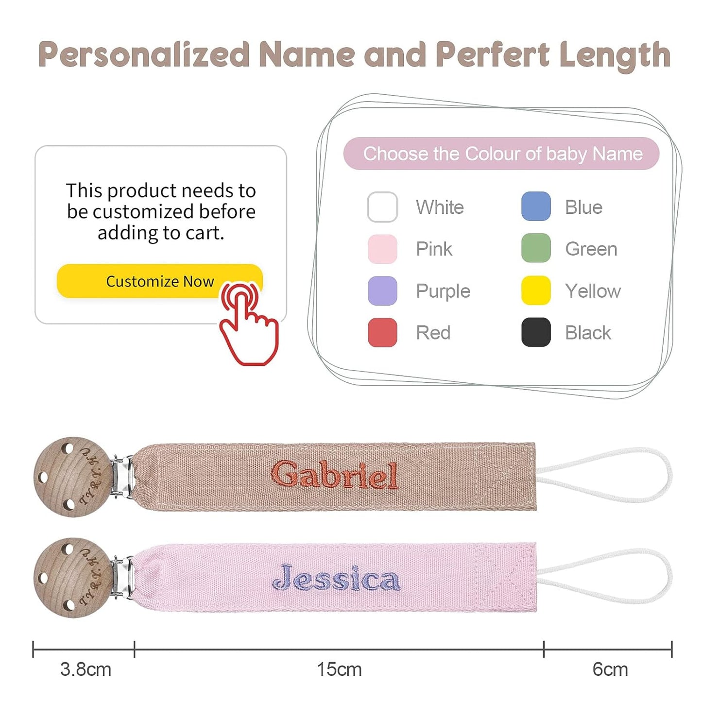 TYRY.HU Personalized Pacifier Clip with Name, Embroidery Pacifier Holder for Baby Girls and Boys, Neutral Binky Clips Universally Fit All Pacifiers & Baby Toys, Baby Gift, 2 Pack(Pink, Khaki)
