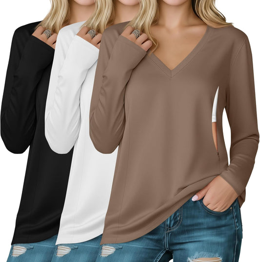 Huukeay 3 Pack Women's Long Sleeve Nursing Tops, Breastfeeding Hidden Zippers Shirts V Neck Maternity Pregnancy Tees Clothes