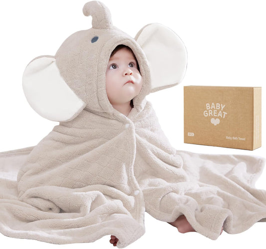 Hooded Baby Towels Super Absorbent Baby Bath Towel for Winter– Extra Large 49”x31” – Ultra Soft Coral Fleece for Newborns, Infants & Toddlers – Cute Elephant Design – Quick-Drying