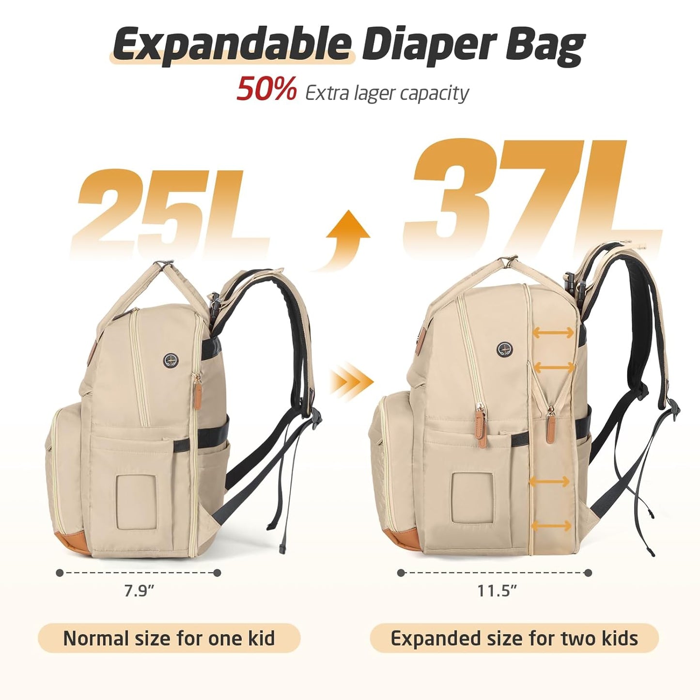 Diaper Bag Backpack - Extra Large Diaper Bag for 2 Kids Twin, Travel Baby Bags for Mom Dad 25-37L Expandable with Changing Pad Earphone Hole, Solid khaki