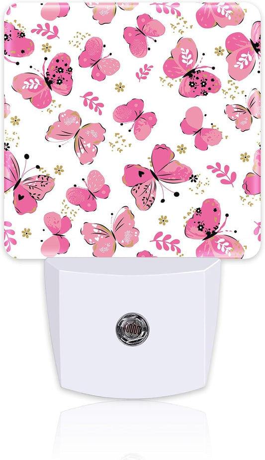 Cute Girl Butterfly Night Light, Watercolor Pink Butterflies Floral Dusk to Dawn Night Light Plug in,0.5w Energy Saving Sleep Friendly NightLight for Kids Boys Girls Home Decor