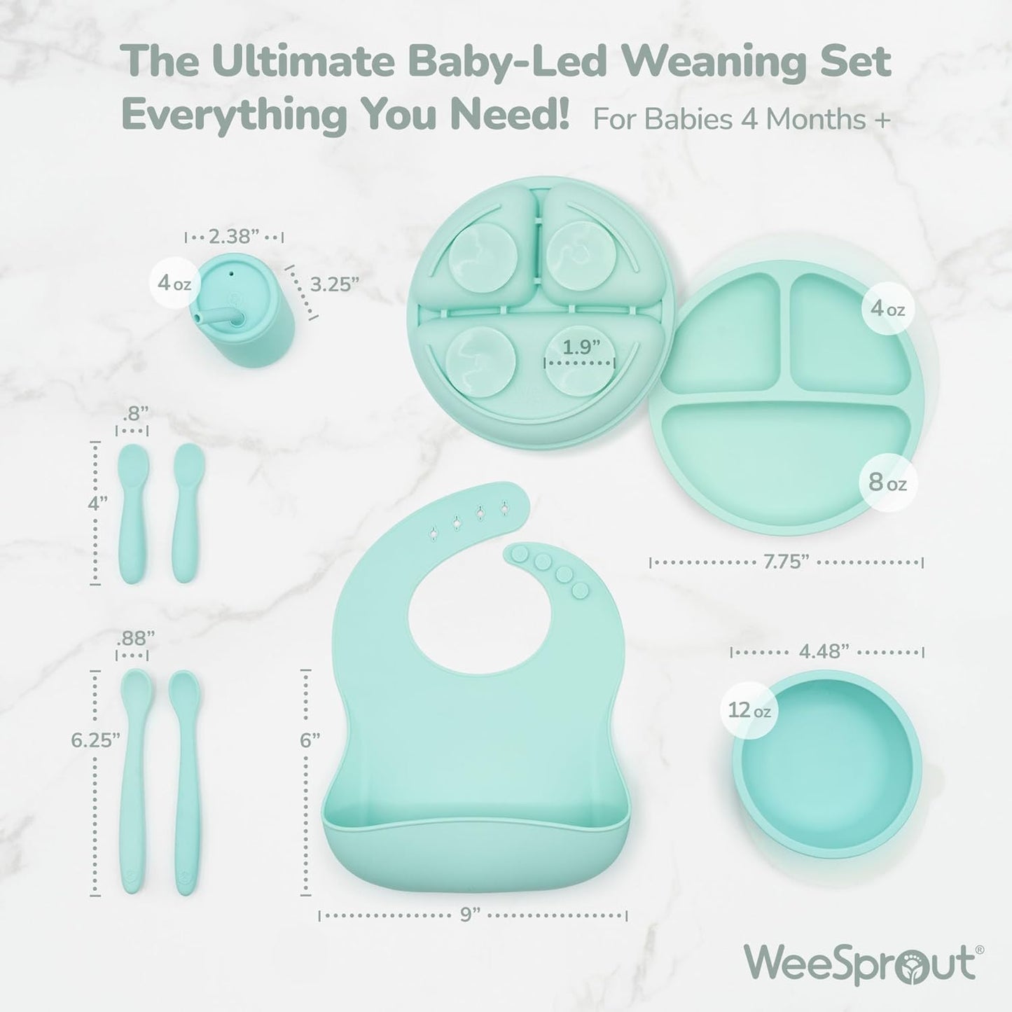 WeeSprout Baby Led Weaning Bundle, Silicone Suction Bowl, Spoons, Bib & Cup, Develops Self Feeding Skills, Dishwasher Safe (Mint)