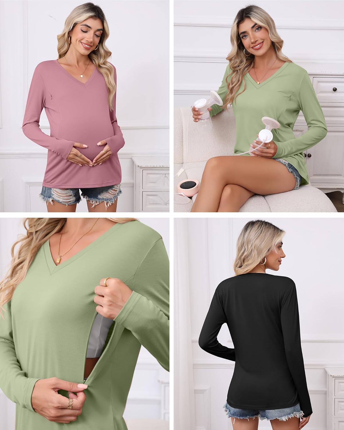 Huukeay 3 Pack Women's Long Sleeve Nursing Tops, Breastfeeding Hidden Zippers Shirts V Neck Maternity Pregnancy Tees Clothes