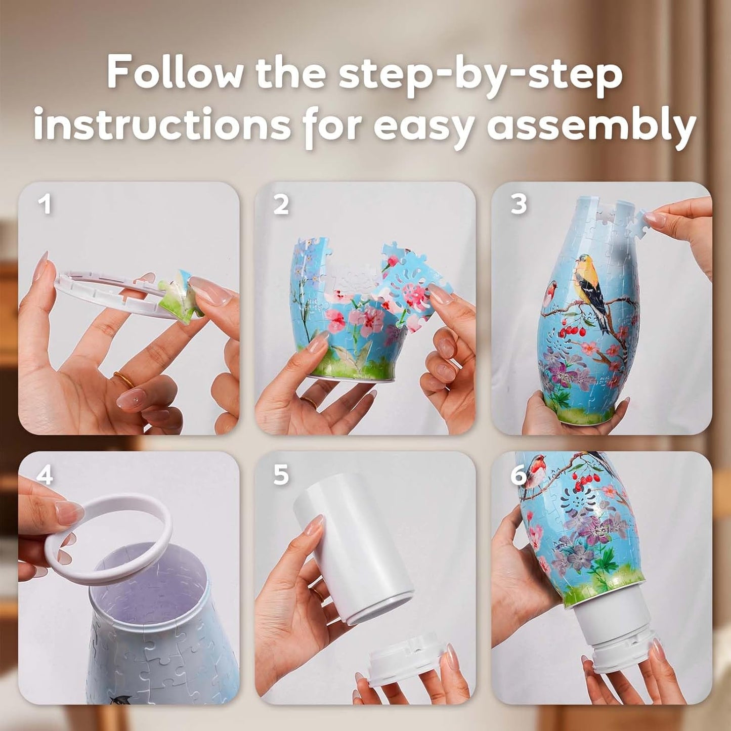 3D Puzzle Vase for Adults, 3D Puzzle Vases for Flowers, 152 Pcs 3D Puzzles Art Vase for Kids Ages 8-13, Cute Unique Flower Vases Decoration with Night Light, Crafts for Adults(Bird)