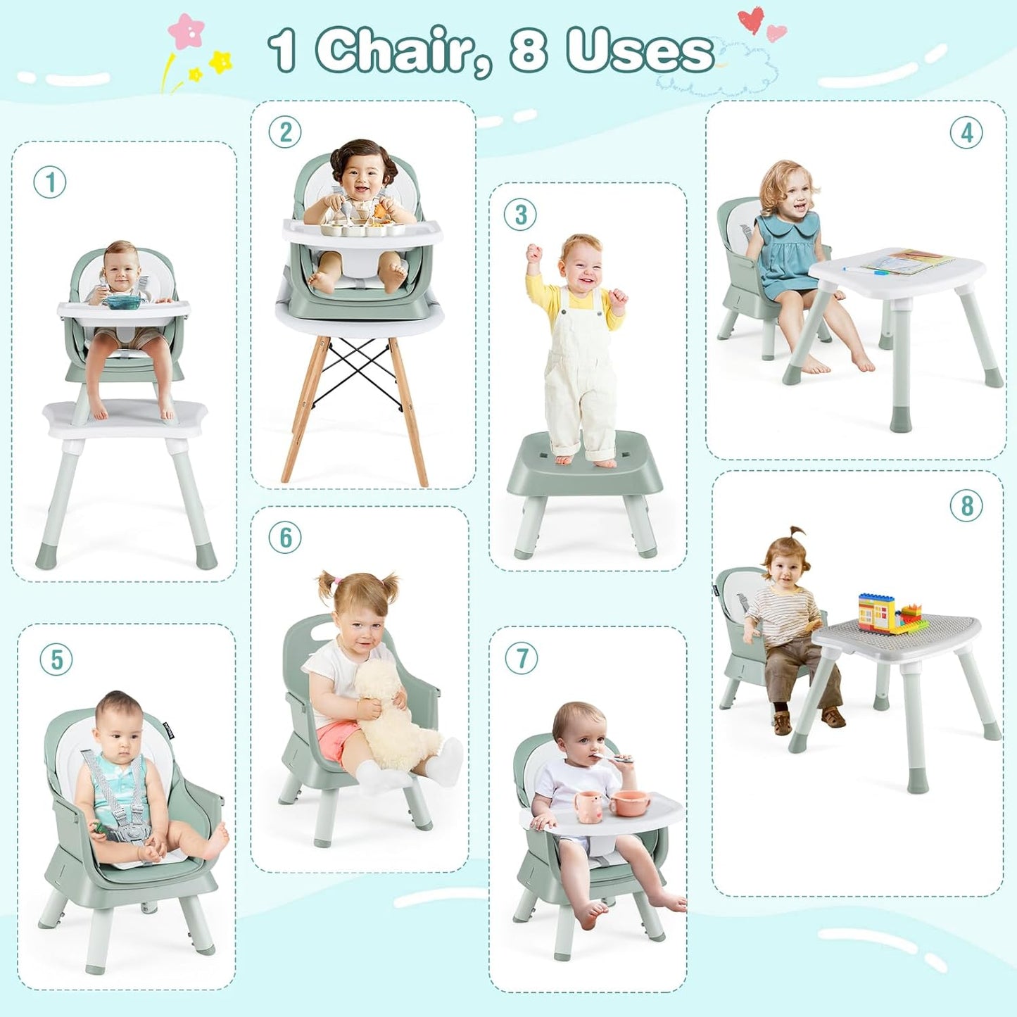 HONEY JOY 8 in 1 Baby High Chair, Convertible Highchair for Babies and Toddlers/Table and Chair Set/Building Block Table/Booster Seat/Stool/Toddler Chair with Safety Harness (Green)