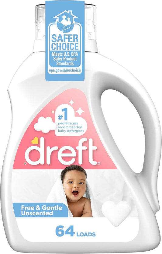 Dreft Free & Gentle Liquid Laundry Detergent, Free of Dyes and Perfumes for Families, Hypoallergenic, 64 loads