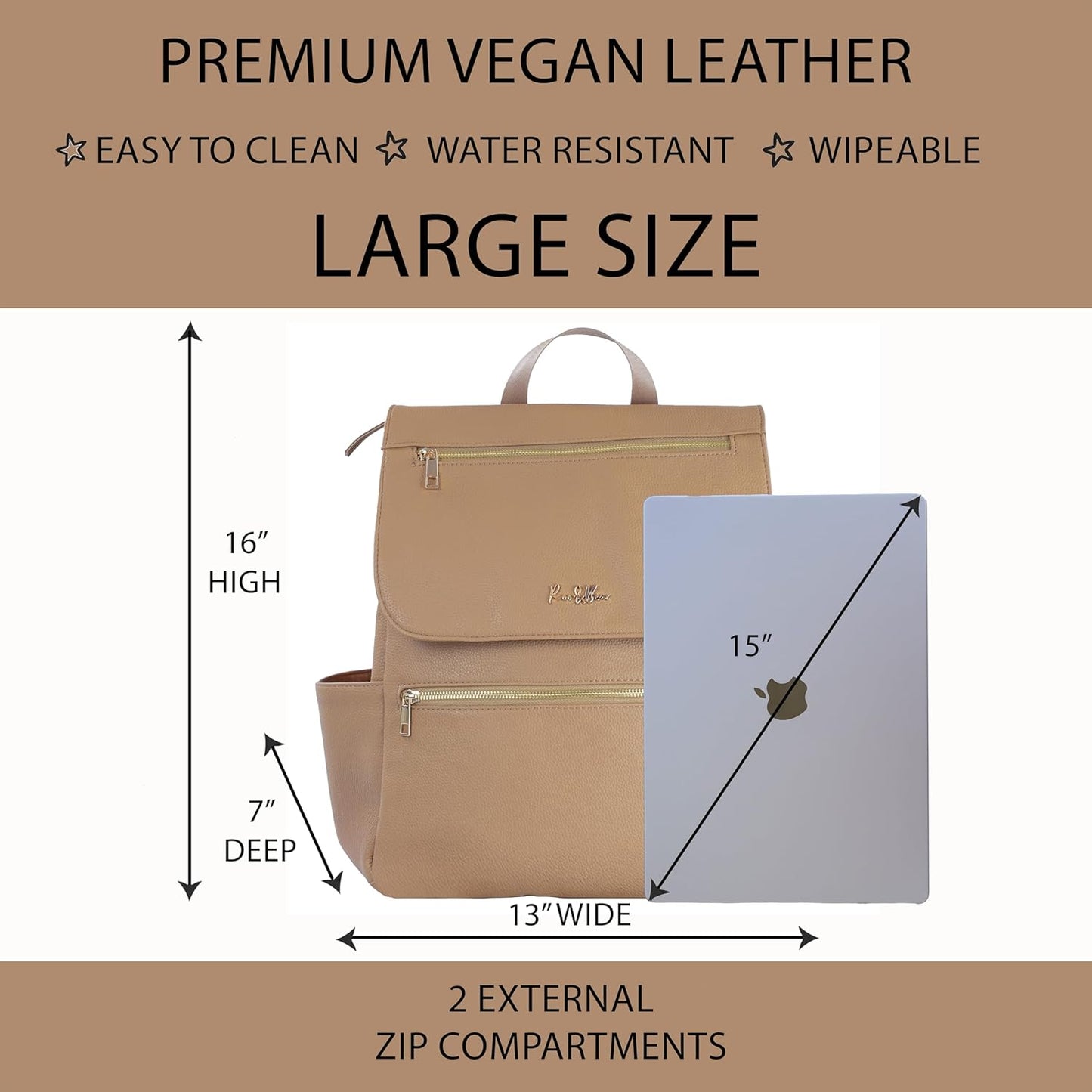 Premium Vegan Leather Diaper Bag Backpack – Large Designer Baby Bag, Stylish Diaper Backpack with Stroller & Crossbody Straps & Multiple Compartments (Tan Brown)