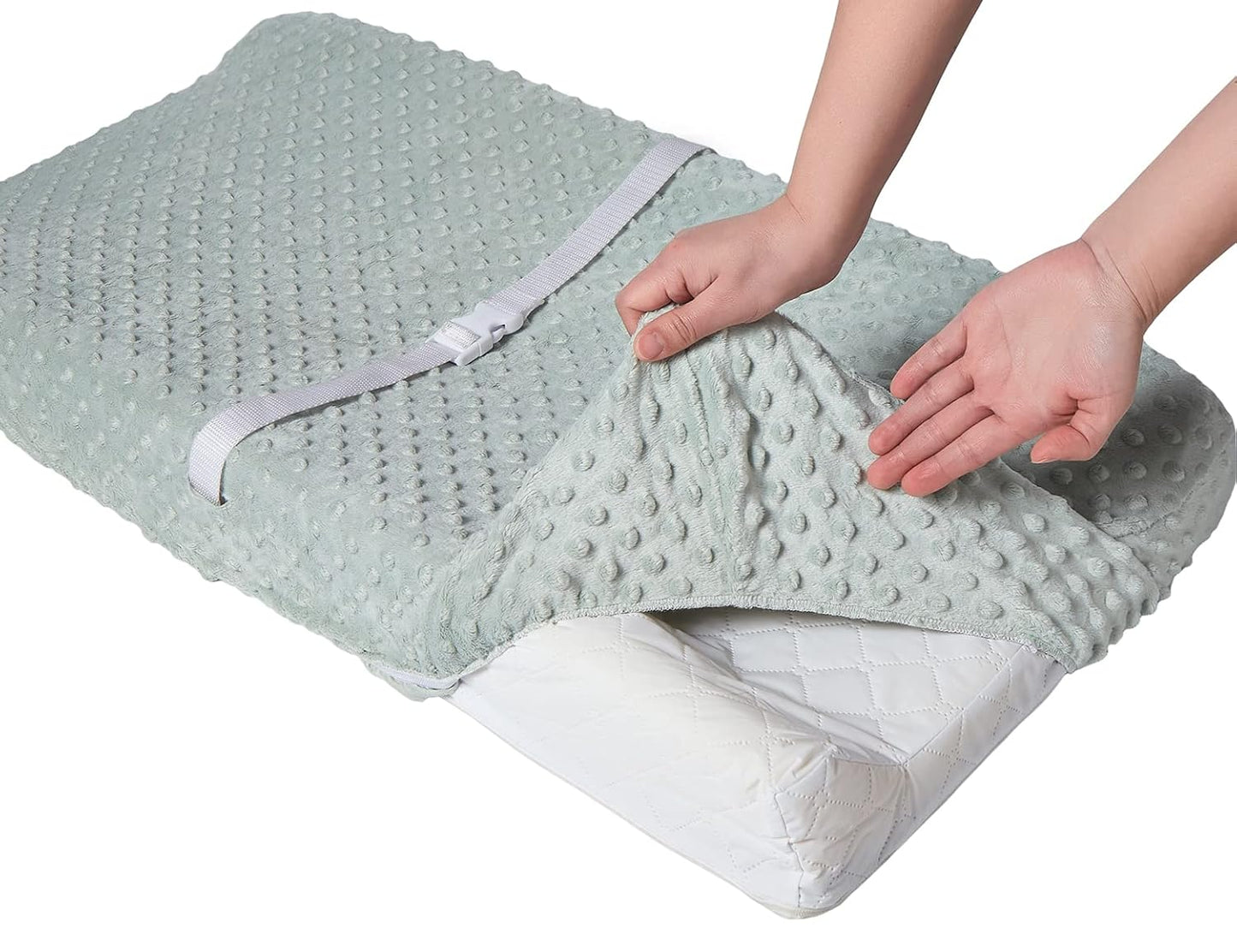 Solid Changing Table Pad Cover Cradle Sheet, Fits 32"/34''x16 Contoured Diaper Changing Pad, Ultra Soft Cozy Dots Plush Changing Table Covers, Breathable Wipeable Removable (Sea Foam)