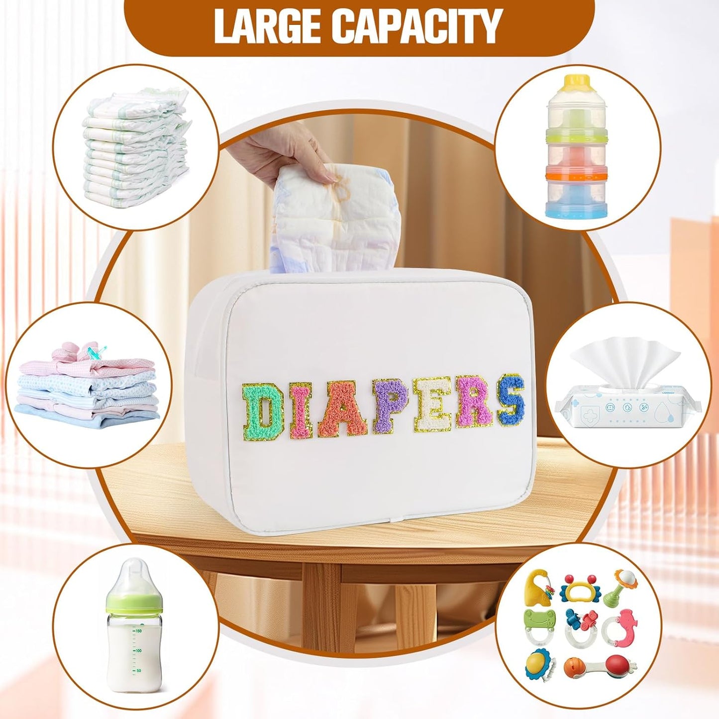 Portable Small Diaper Bag, Chenille Letter Diaper Caddy Organizer Pouch Newborn Baby Essentials Must Haves for Nursery Changing Table, White Waterproof Diaper Pail Baby Shower Gifts for Mom To Be