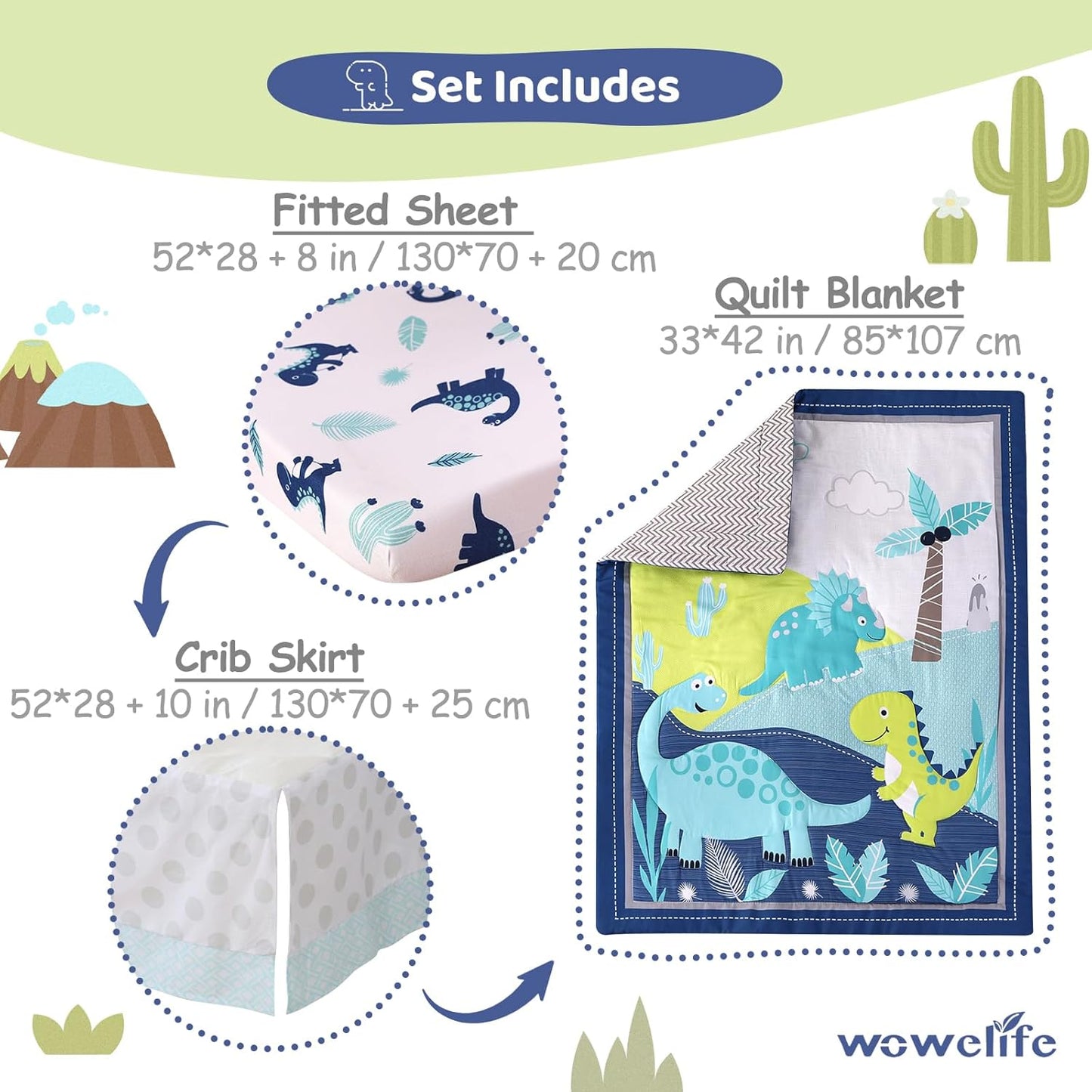 Wowelife Dinosaur Crib Bedding Set for Boys Blue, Premium 3-Piece Baby Bedding Set, Nursery Crib Set, Newborn, Infant & Toddler Nursery Bed Set, Blue Dinosaur