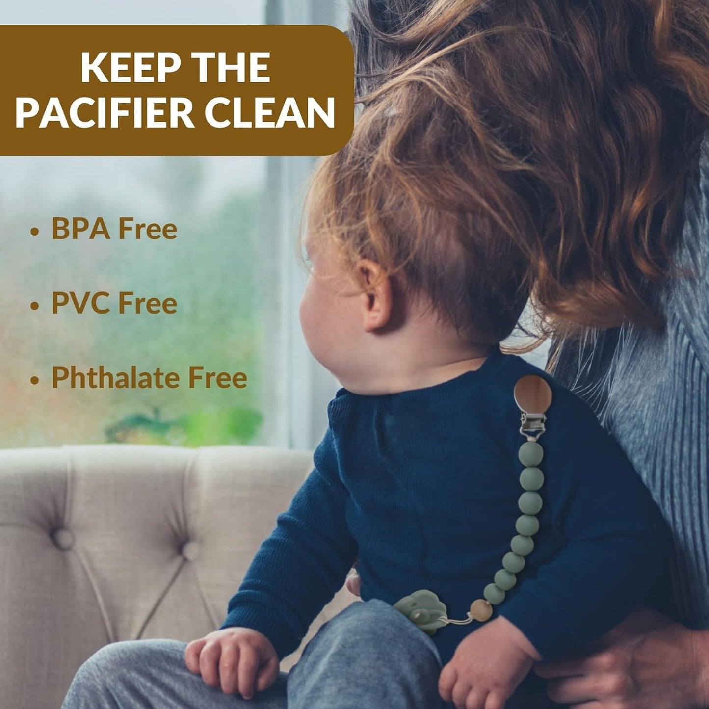 2 Pack Pacifier Clips, Silicone Pacifier Clip for Baby Boys and Girls, Baby Pacifier Strap with Silicone Beads, Soother Dummy Holder, Pacifier Holder, Keeps Pacifier Clean (Beau/Sage)