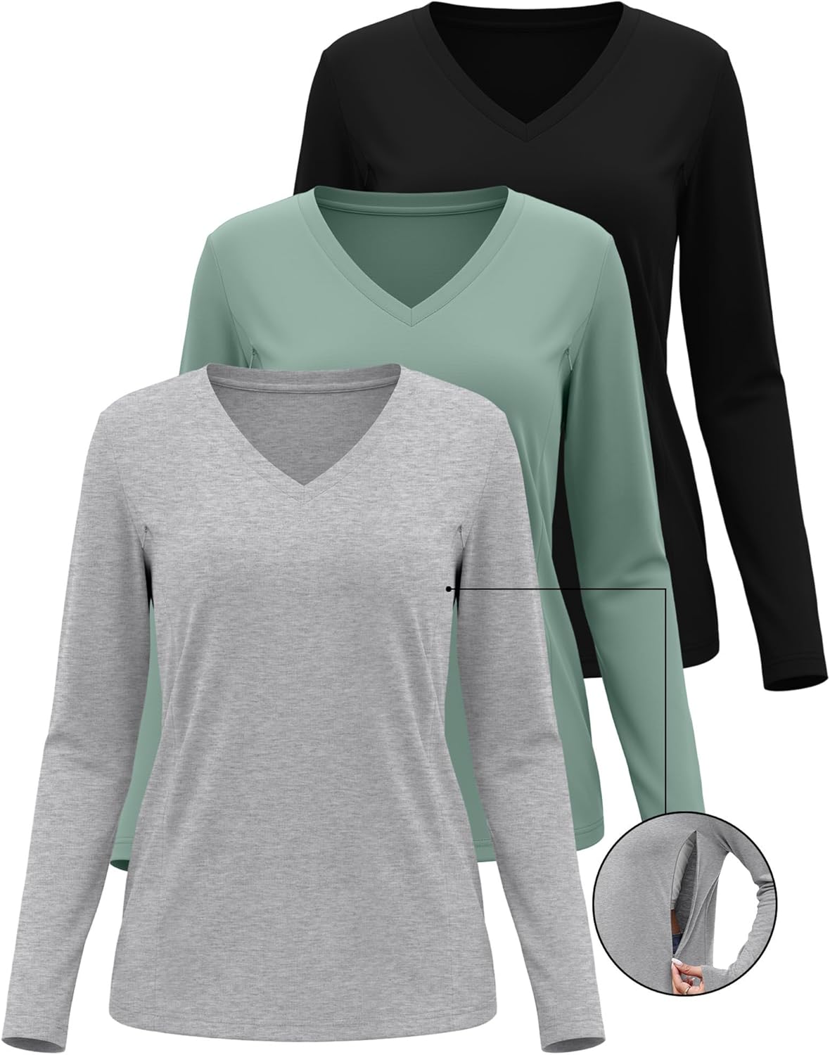 Huukeay 3 Pack Women's Long Sleeve Nursing Tops, Breastfeeding Hidden Zippers Shirts V Neck Maternity Pregnancy Tees Clothes