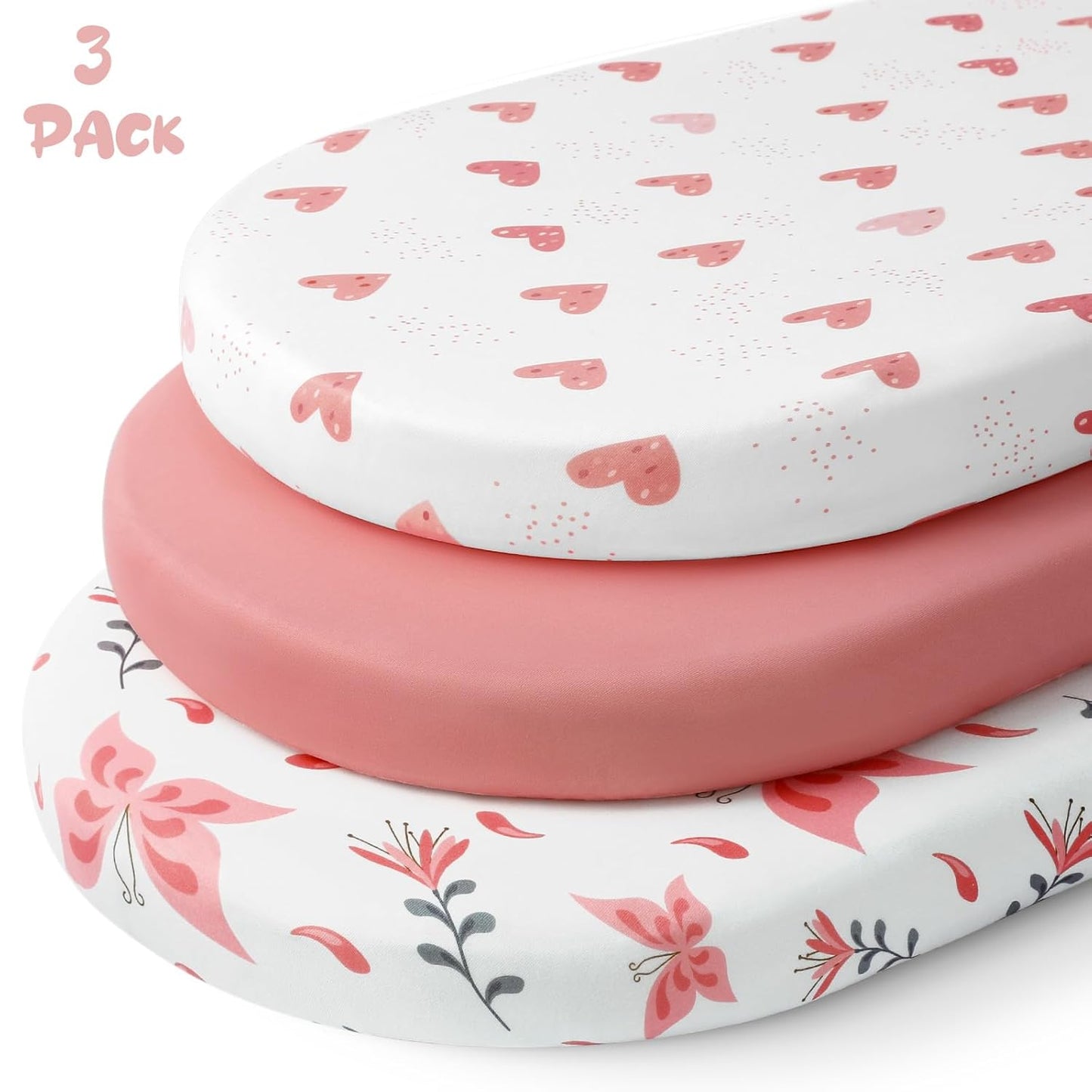 Yoofoss Bassinet Sheets for Baby,3-Pack Fitted Bassinet Sheets Set Compatible with Halo Bassinest Swivel Sleeper,Baby Delight,Angelbliss,Soft Breathable Bassinet Mattress Sheets(Pink+Butterflies)